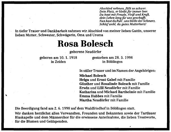 Neudoerfer Rosa 1918-1998 Todesanzeige